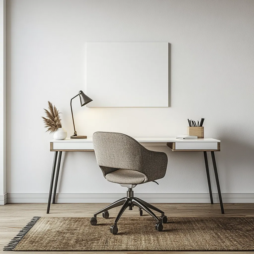 A minimalist home office features a sleek, modern desk with a grey fabric office chair.  A blank canvas hangs above the desk, which is neatly organized with a lamp, vase of pampas grass, and stationery. The room is painted in a calming white, and a brown rug adds warmth to the floor. The overall aesthetic is clean, sophisticated, and functional.