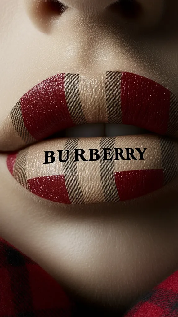 Close-up of a woman's lips with lipstick designed in the iconic Burberry plaid pattern. The word "BURBERRY" is printed in black across the center.  The image focuses on the detailed application of the lipstick, highlighting the brand's signature check. A hint of a red and black plaid fabric is visible in the lower portion of the image.