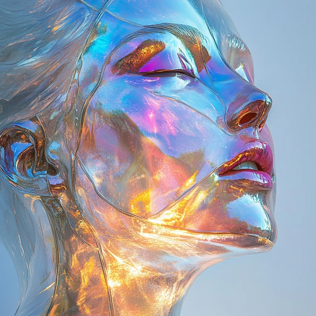 A close-up digital rendering showcases a woman's head and neck, sculpted from iridescent, translucent material.  The material appears almost liquid, catching the light to create vibrant, shifting colors of blues, pinks, and golds. Her eyes are closed, and her lips are slightly parted, creating a serene yet otherworldly expression.  The overall effect is both beautiful and futuristic.