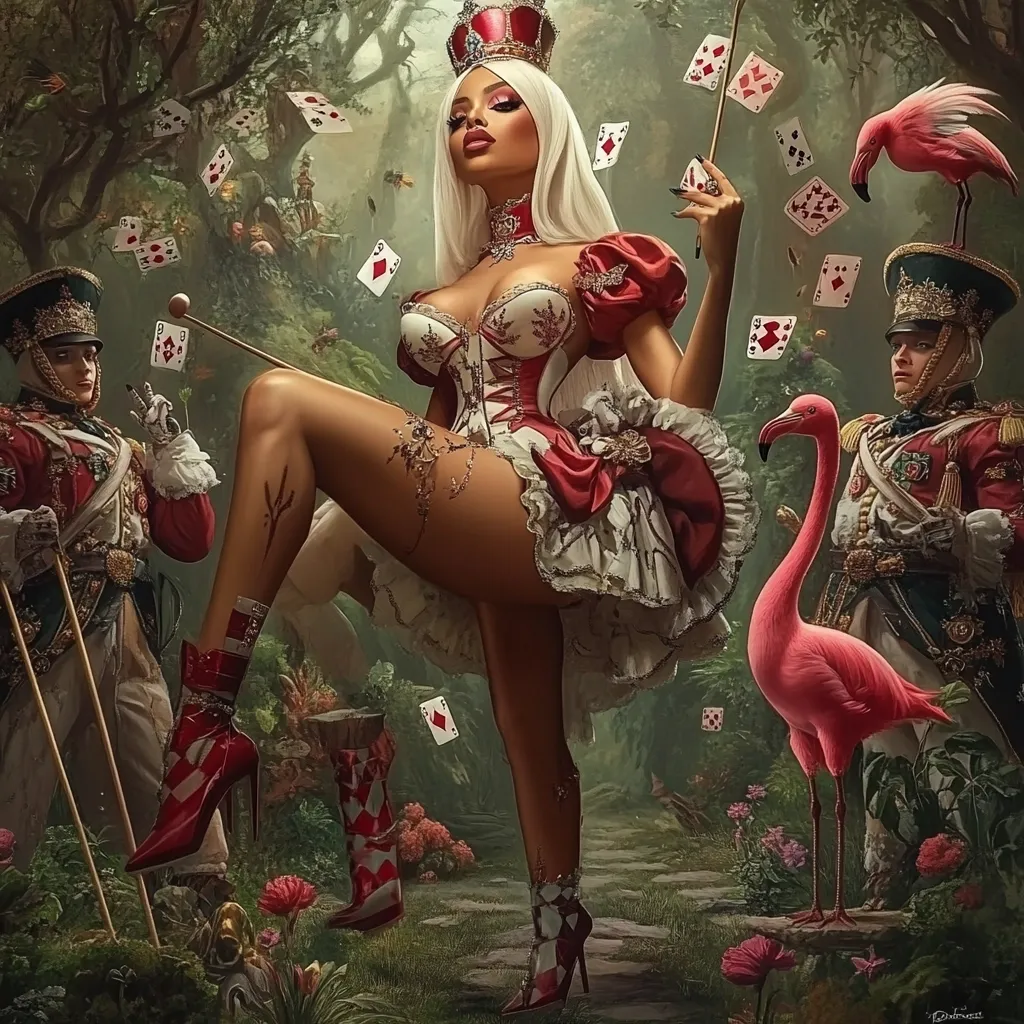 A dark-skinned woman, adorned in a red and white Queen of Hearts-inspired corset and crown, stands with one leg raised.  She holds a croquet mallet, surrounded by playing cards and two uniformed soldiers.  Pink flamingos flank her, adding to the whimsical, Alice in Wonderland-esque scene. The overall style is opulent and fantastical, rich with detail.