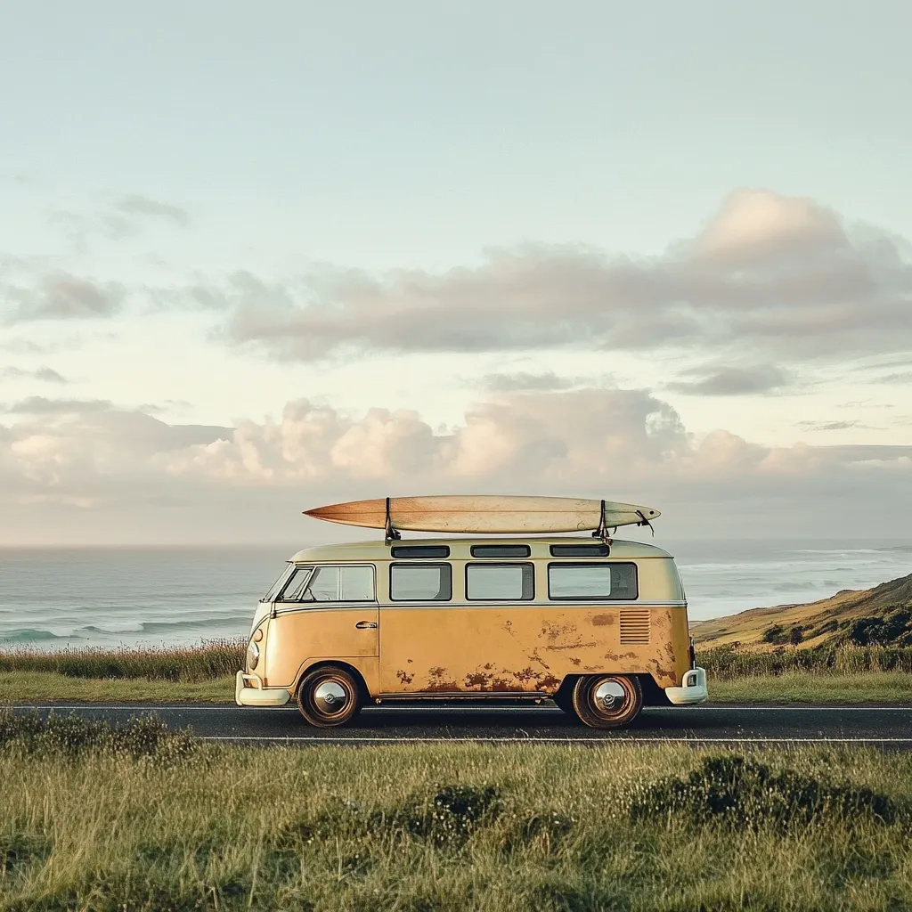 A vintage, yellow Volkswagen bus, showing signs of wear and tear, travels along a coastal road.  A surfboard is strapped to its roof.  The ocean stretches out to the horizon under a partly cloudy sky, creating a serene and idyllic scene. The overall feeling is one of freedom and adventure.
