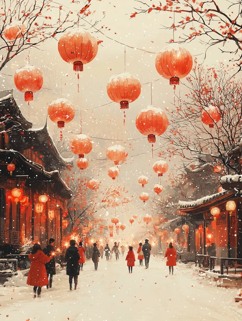 A snow-covered street in a Chinese town is adorned with numerous red lanterns hanging from above.  People stroll along the street, some holding sparklers, creating a festive atmosphere. Traditional architecture lines the street, adding to the picturesque winter scene.  The overall ambiance is peaceful and celebratory, suggesting a winter festival.