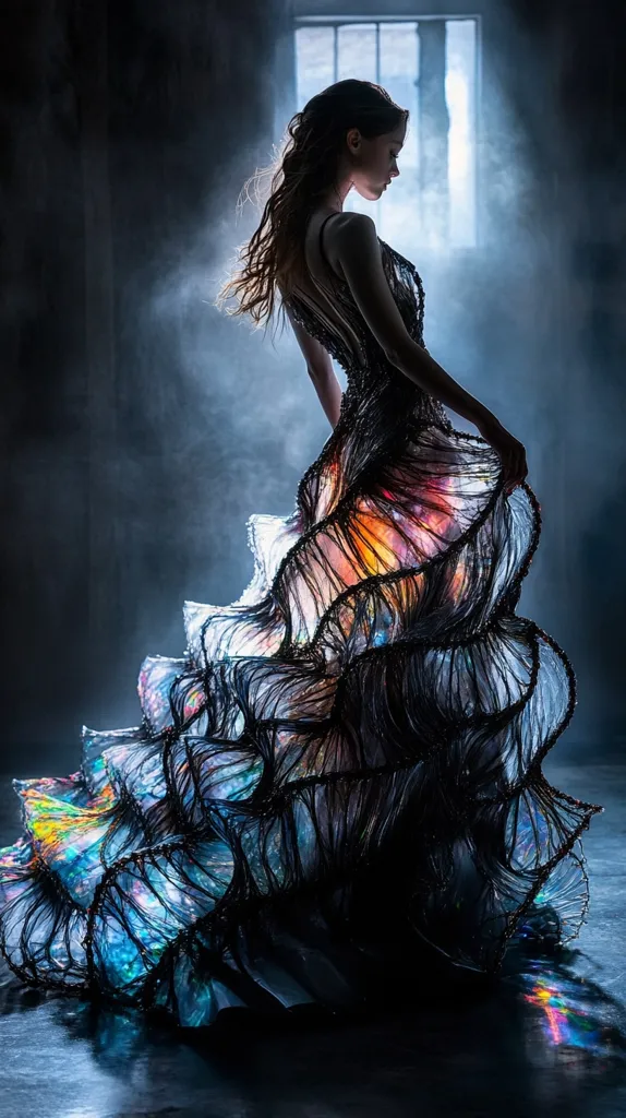 A woman with long brown hair is shown in profile, wearing a voluminous, dark gown with iridescent, layered ruffles. The dress shimmers with colors reminiscent of an oil slick or nebula.  The setting is a dimly lit room with a large window behind her, creating a dramatic, ethereal atmosphere.  The image evokes a sense of mystery and elegance.