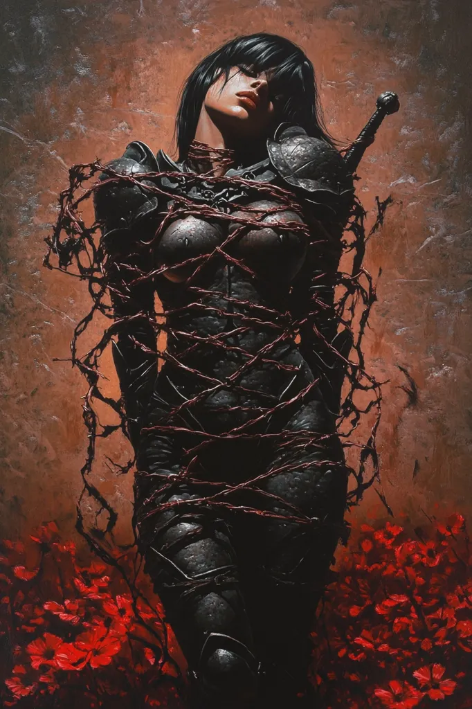 A dark fantasy illustration depicts a woman in dark armor, bound tightly with barbed wire. Her eyes are closed, and she appears to be unconscious or captured.  A sword rests near her shoulder.  She stands amidst a field of red poppies, creating a stark contrast between the vibrant flowers and the grim scene of her captivity. The overall mood is one of despair and vulnerability.