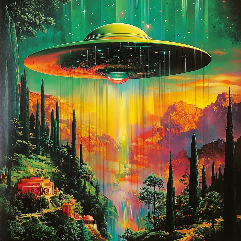 A vibrant, surreal landscape is depicted, dominated by a large, hovering UFO emitting luminous beams.  The alien craft is positioned above a picturesque valley filled with lush greenery, tall cypress trees, and architectural structures reminiscent of Italian villas. The background showcases dramatic, fiery-orange mountains under a star-dusted, multicolored sky.  The overall style is fantastical and dreamlike, blending science fiction with idyllic scenery.