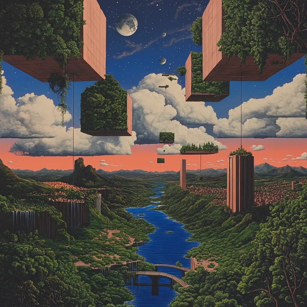 A surreal landscape unfolds, where lush greenery carpets a valley traversed by a meandering river and a graceful bridge.  Floating above, colossal, verdant cubes hang suspended in the twilight sky, juxtaposed against a backdrop of clouds and celestial bodies.  A futuristic yet organic feel permeates the scene, creating a dreamlike and harmonious blend of nature and architecture.