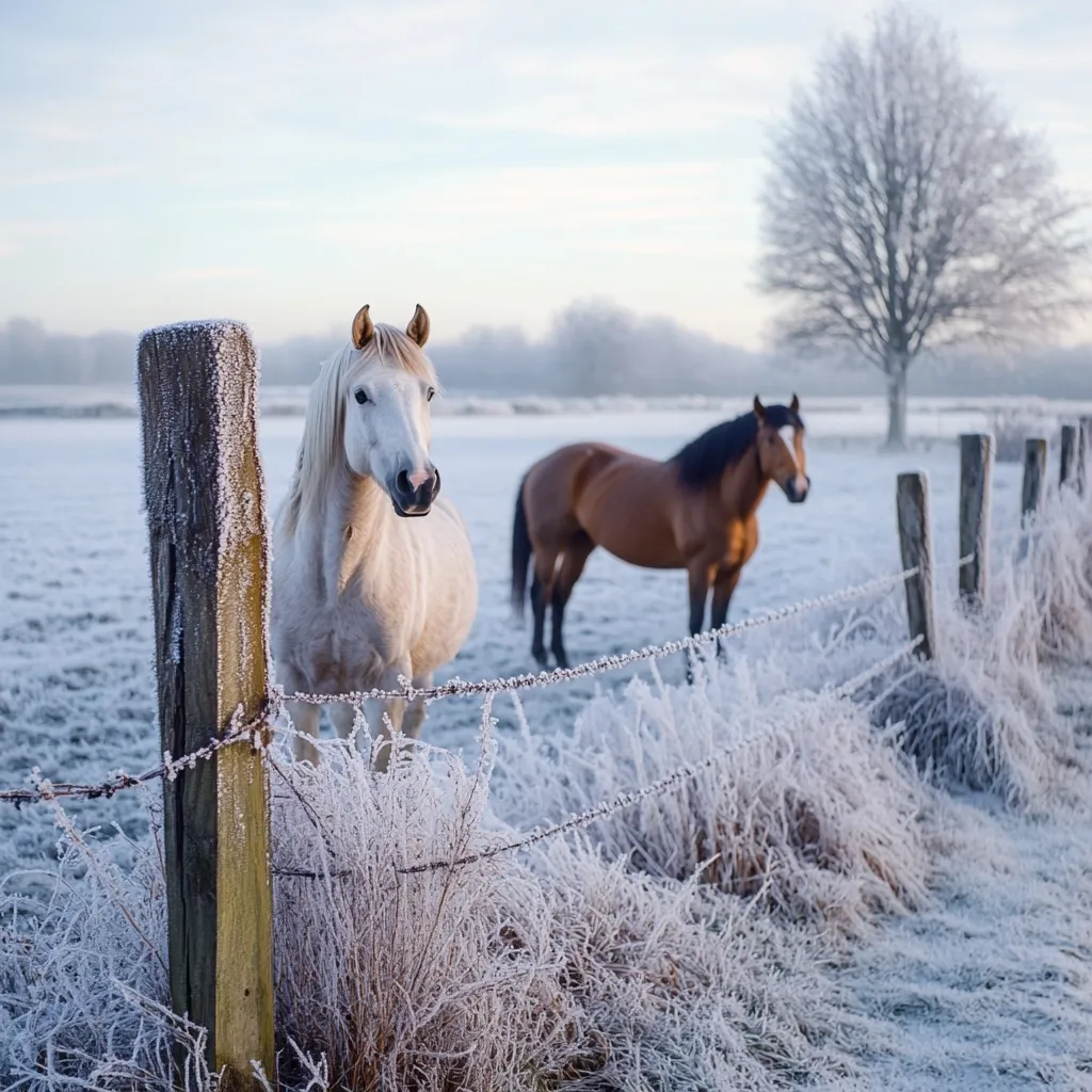 A white horse stands near a frost-covered fence, gazing directly at the viewer.  A brown horse is visible in the background, also behind the fence.  The scene is a wintry landscape, with a frosted field and a lone, snow-dusted tree.  The overall impression is one of serene winter beauty.