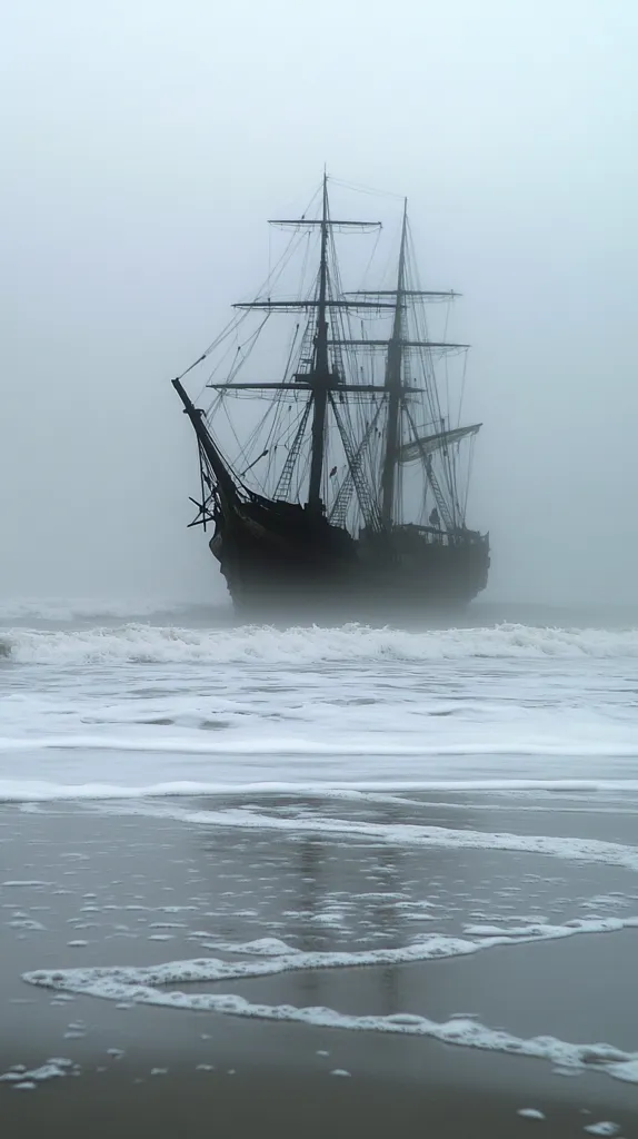 A large, dark sailing ship sits in the shallows of a foggy beach.  The ship is partially obscured by mist, giving it an ethereal, almost ghostly appearance.  Gentle waves lap at the shore, creating a serene yet mysterious scene. The overall mood is somber and atmospheric, emphasizing the isolation of the vessel.