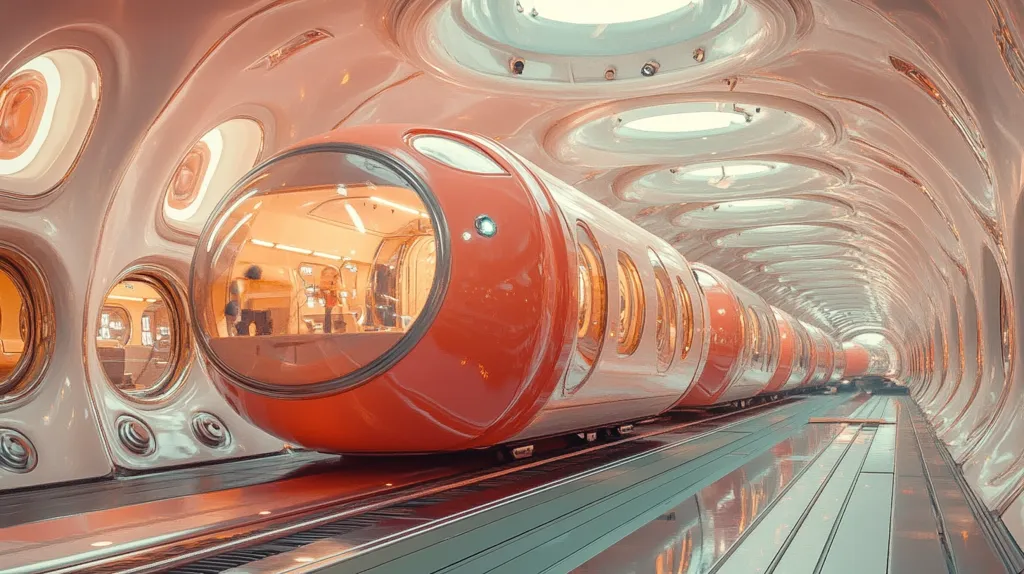 A futuristic train glides through a smooth, organically-shaped tunnel.  The train's carriages are a vibrant orange with large, round windows offering views of the interior and the tunnel's glowing walls. The architectural design is sleek and modern, suggesting a high-tech, possibly automated, transportation system.  The overall aesthetic is clean, bright, and otherworldly.