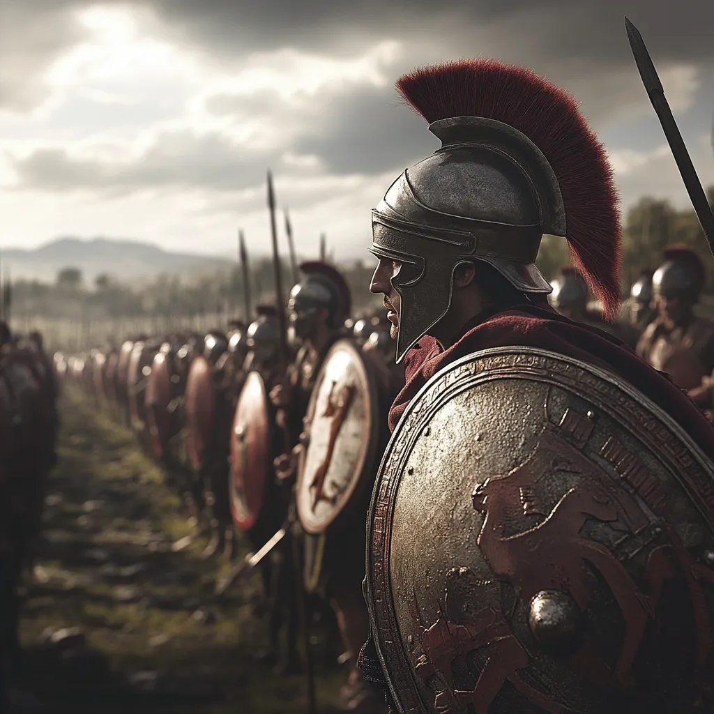 A Roman legionary stands in formation, his plumed helmet and ornate scutum shield prominent.  The legion stretches into the distance, a vast array of soldiers poised for battle.  The scene evokes a sense of discipline and anticipation, the cloudy sky mirroring the gravity of the impending conflict.  The focus is on the individual soldier, yet the scale of the army is undeniable.