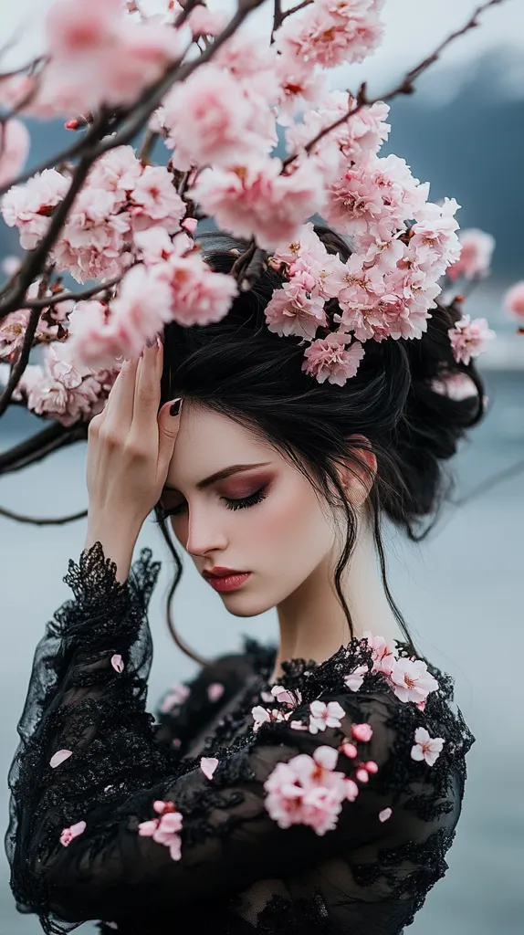 A young woman with dark hair styled up, adorned with delicate pink cherry blossoms, gazes downward.  She wears a black, sheer lace dress embroidered with more blossoms, creating a dreamy, ethereal atmosphere. Her hand gently rests on her head, enhancing the delicate and melancholic mood of the image. The background is blurred, focusing attention on the woman and the flowers.