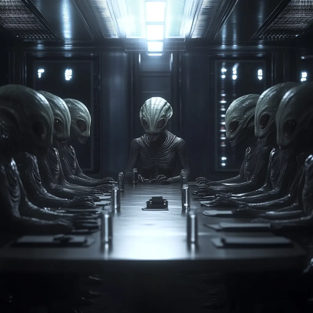 A long, dark table sits in a dimly lit, metallic room.  Several reptilian-like aliens with smooth, grey heads are seated, their postures suggesting a serious meeting. One alien sits at the head of the table, facing the others. The scene is eerie and suggests a clandestine gathering of extraterrestrial beings.  The overall mood is tense and mysterious.