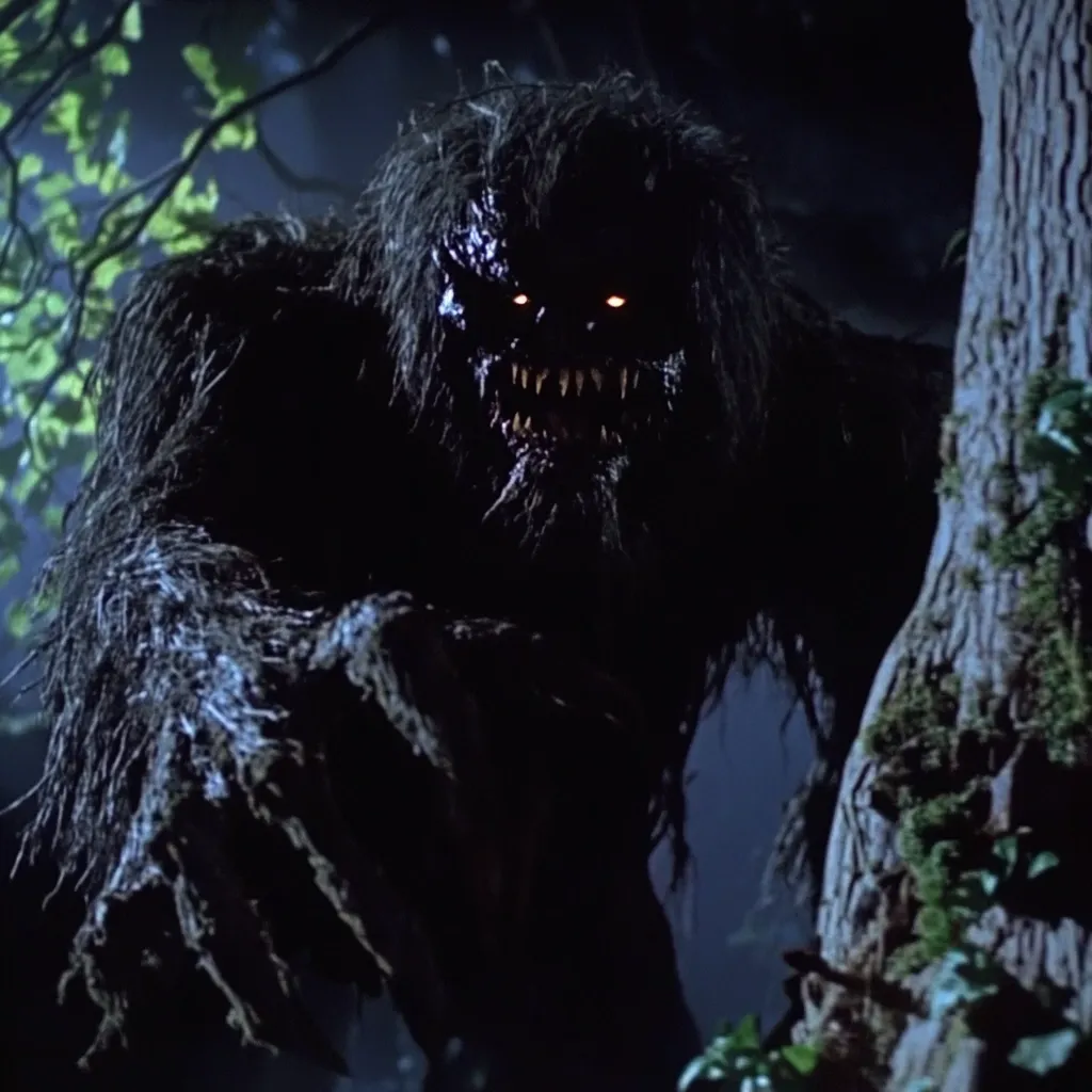 A menacing, dark creature lurks in the shadows of a forest.  Its fur is matted and dark, almost black, contrasting with glowing orange eyes.  Sharp teeth are visible in a snarling mouth.  The creature's large, clawed hands are prominent in the foreground, suggesting aggression or threat.  The overall impression is one of horror and suspense.