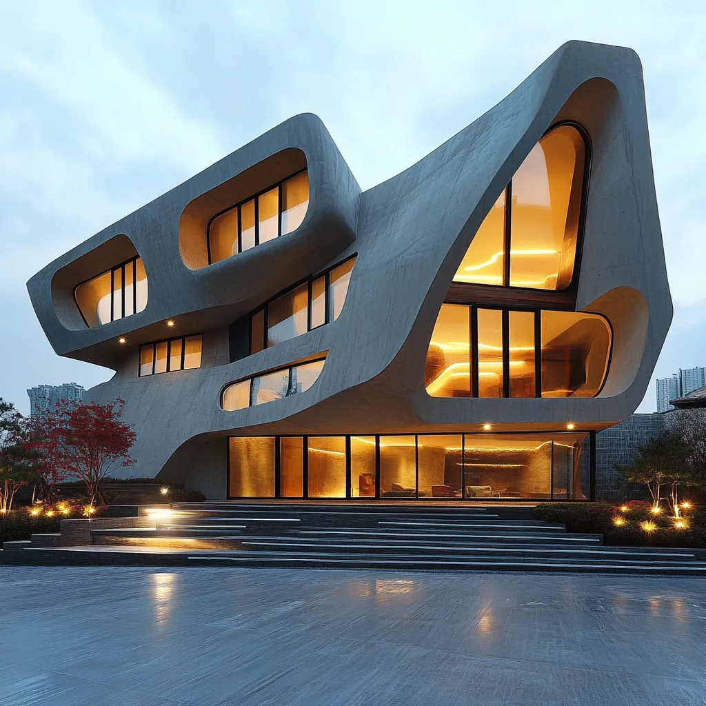 A modern, sculptural home is illuminated at dusk.  Its concrete exterior features dramatic, flowing curves and large, irregularly shaped windows.  Warm interior lighting glows through the glass, contrasting with the cool grey of the building.  Landscaped grounds and a wide staircase lead to the entrance.  The design is striking and unconventional, showcasing a bold architectural style.