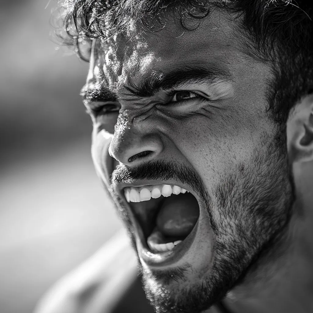 A close-up black and white photograph captures a man's face contorted in a fierce yell. His mouth is wide open, revealing teeth, and his brow is furrowed in intense concentration or anger. Sweat glistens on his skin, adding to the raw emotion portrayed.  The image is sharply focused on his facial features, emphasizing the intensity of his expression. His dark beard and curly hair complete the powerful composition.
