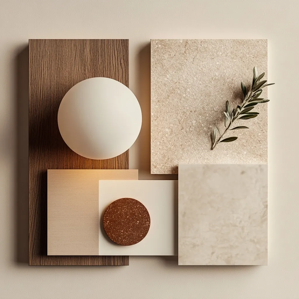 A minimalist composition featuring a white spherical lamp emitting a soft glow.  It's arranged amongst textured samples of wood, stone, and terracotta, creating a palette of neutral earth tones.  A sprig of olive adds a touch of natural greenery to the arrangement, enhancing the calm and sophisticated aesthetic. The overall effect is one of understated elegance and design harmony.