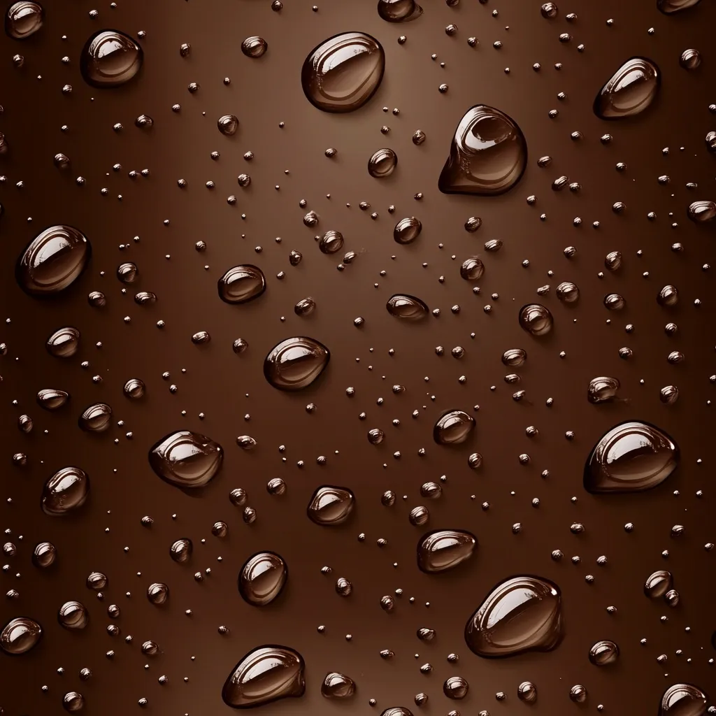 A close-up image shows numerous water droplets scattered across a dark brown surface.  The droplets vary in size, with some larger and more reflective than others.  The background is a rich, deep brown, providing a stark contrast to the glistening water beads. The overall effect is smooth and slightly textured, suggesting a liquid surface.