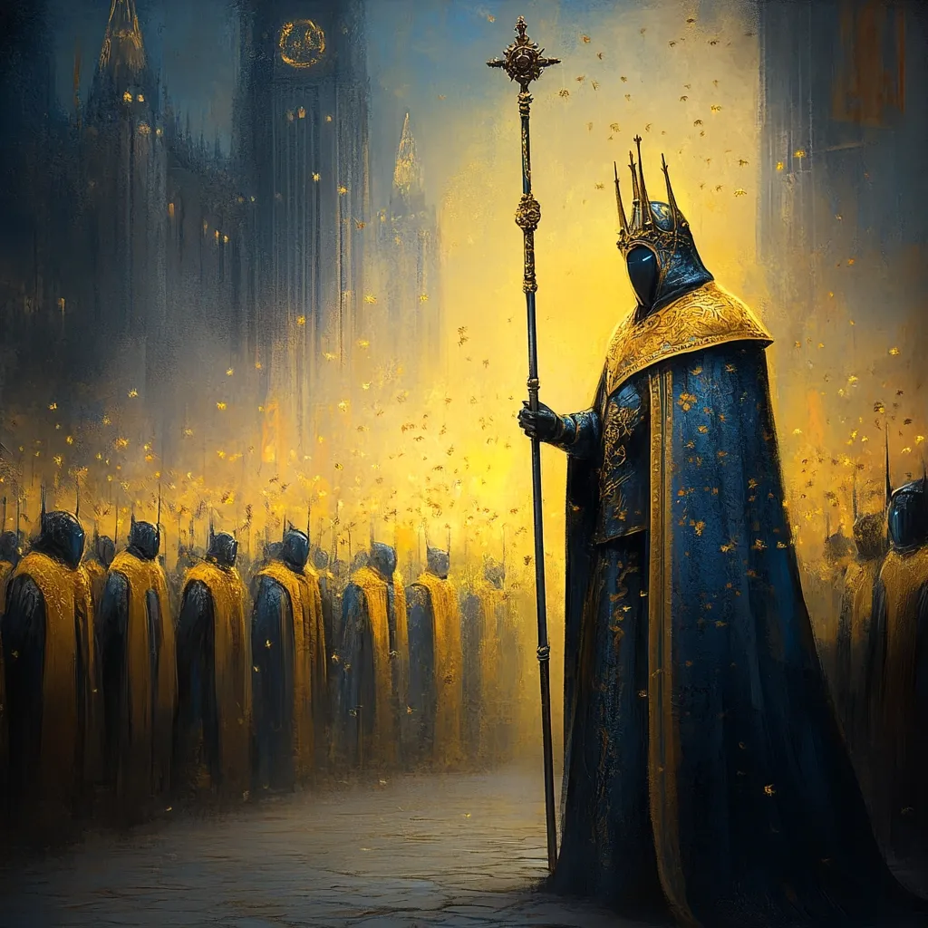 A cloaked figure, crowned and holding a tall staff, stands before a vast army.  The soldiers are clad in dark robes with gold accents, forming a line stretching towards a large, gothic building in the background.  A swarm of golden insects fills the air, creating a mystical and somewhat ominous atmosphere. The scene suggests power, ritual, or perhaps even a coronation.