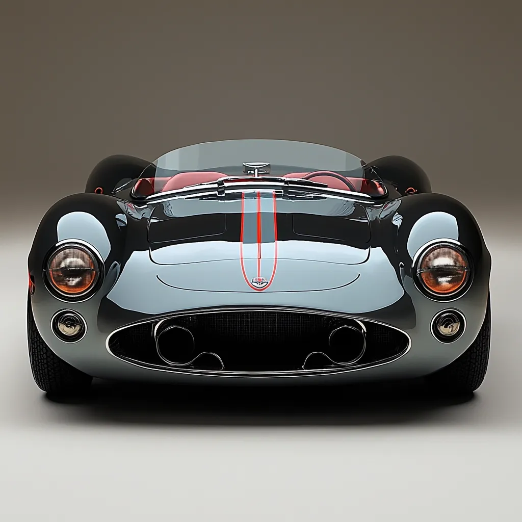 A sleek, dark gray vintage sports car is presented in a front view.  Its glossy body features red racing stripes down the center of the hood.  The car has a low profile, exposed headlights, and a visible grill.  The interior hints at red leather seats. The overall impression is one of classic elegance and powerful speed.