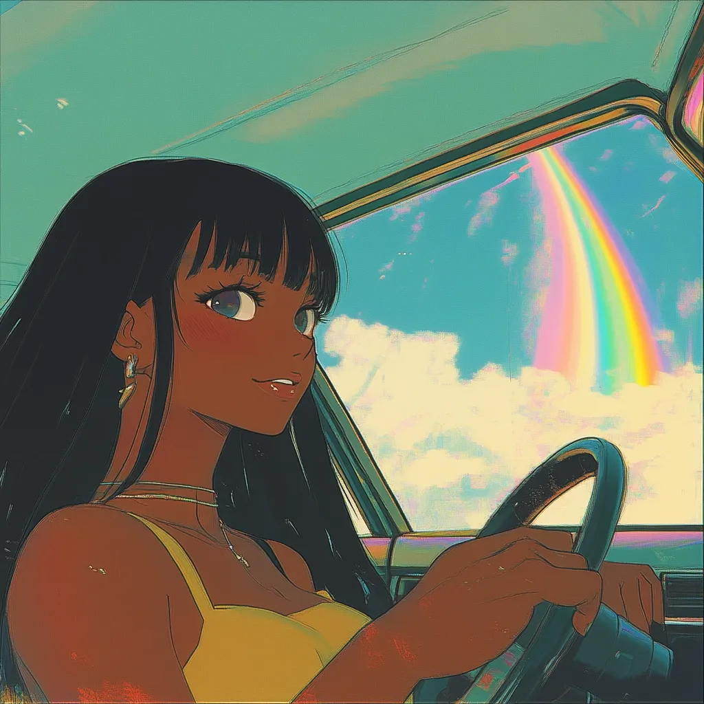 An anime-style illustration of a young Black woman with long dark hair driving a car.  She's wearing a yellow sundress and looks out at a vibrant sky, where a rainbow arches across fluffy clouds. The art style is digitally painted, with a nostalgic, slightly dreamy quality. The scene is peaceful and evokes a feeling of summer freedom.