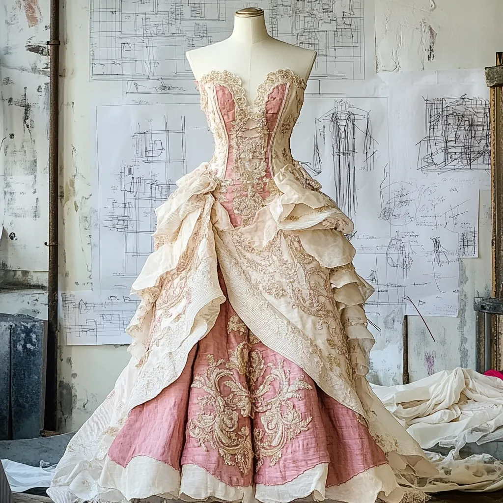 A breathtaking strapless gown, displayed on a mannequin, features a blush pink underlayer and a multi-layered ivory overskirt adorned with intricate gold embroidery.  The corset-style bodice accentuates the waist, while the ruffled layers create a dramatic, romantic silhouette. The dress is positioned against a backdrop of design sketches, adding to its artistic and fashion-forward presentation.