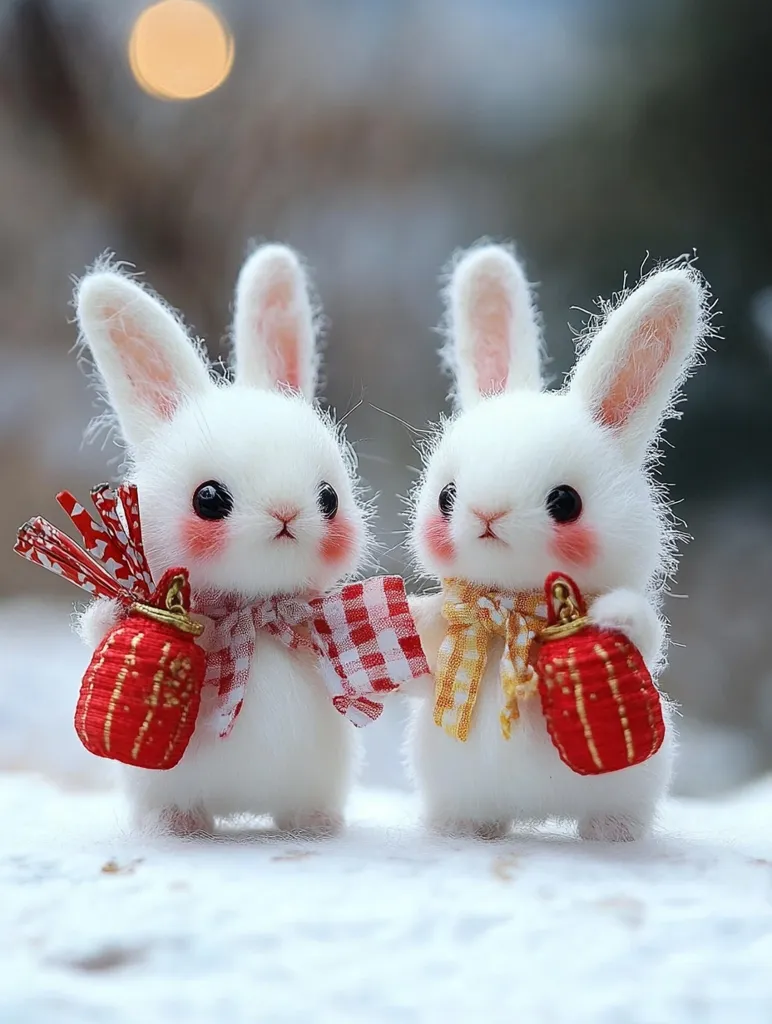 Two adorable white fluffy bunny figurines stand in the snow, holding small red lanterns. They wear checkered scarves; one red and white, the other yellow and white.  The bunnies have rosy cheeks and large, dark eyes, creating a charming and endearing scene.  A blurred background suggests a winter setting.