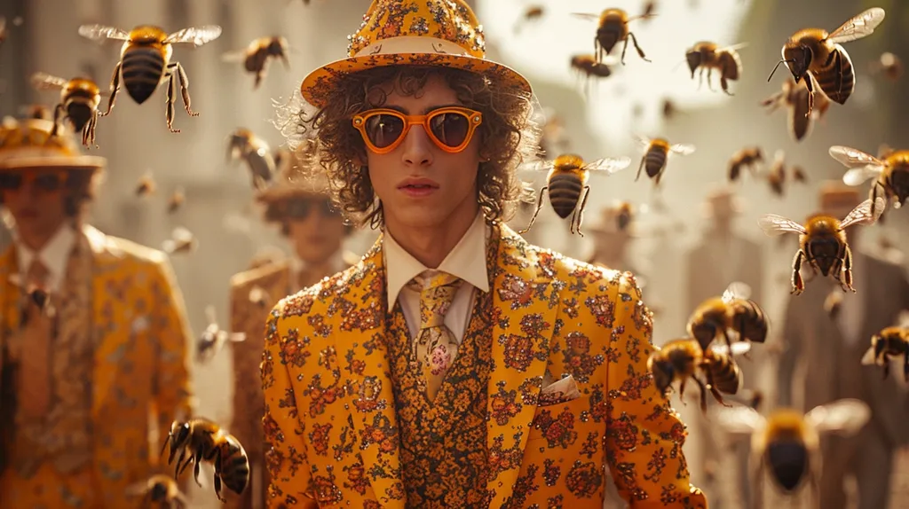 A young man with curly hair, wearing orange sunglasses and a vibrant yellow suit adorned with intricate floral embroidery, stands amidst a swarm of bees.  His hat matches his suit, adding to the bold, whimsical style.  Other figures in similar yellow suits are blurred in the background, suggesting a fashion shoot or performance. The image is striking due to the contrast between the man's attire and the buzzing insects.