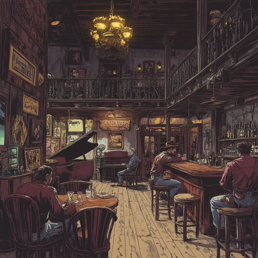 The illustration depicts a bustling saloon in the Wild West.  A grand piano sits near a small table where two men converse.  Three other men are seated at the bar, nursing drinks. The saloon's interior is richly detailed, showcasing wooden floors, a multi-tiered balcony, and numerous framed pictures and advertisements adorning the walls.  A large chandelier hangs from the ceiling, casting a warm, inviting glow. The atmosphere is one of relaxed camaraderie within the confines of this classic Western setting.