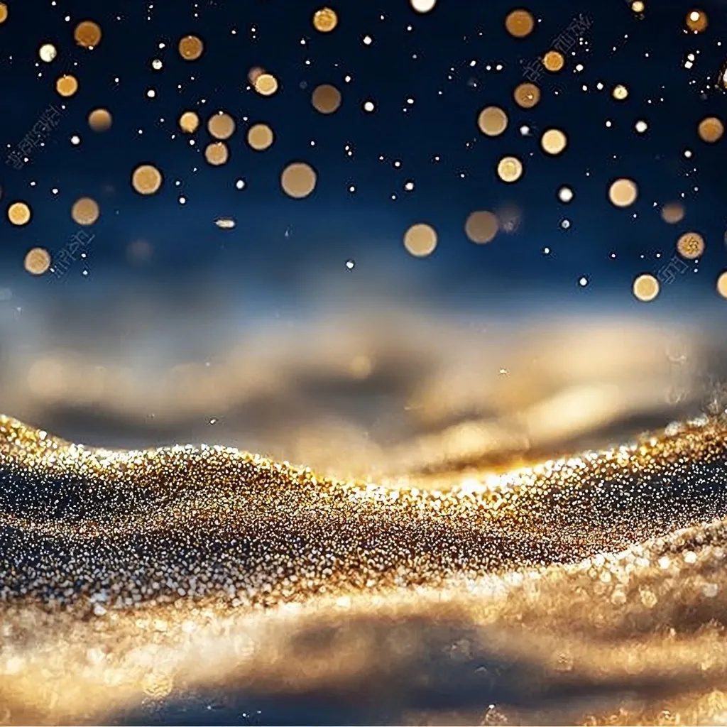 A mesmerizing image of golden glitter forming soft, undulating waves against a deep blue backdrop.  Bokeh-style golden lights appear to float above the glittering surface, creating a luxurious and ethereal atmosphere.  The contrast between the dark blue and shimmering gold is striking, evoking feelings of opulence and magic.