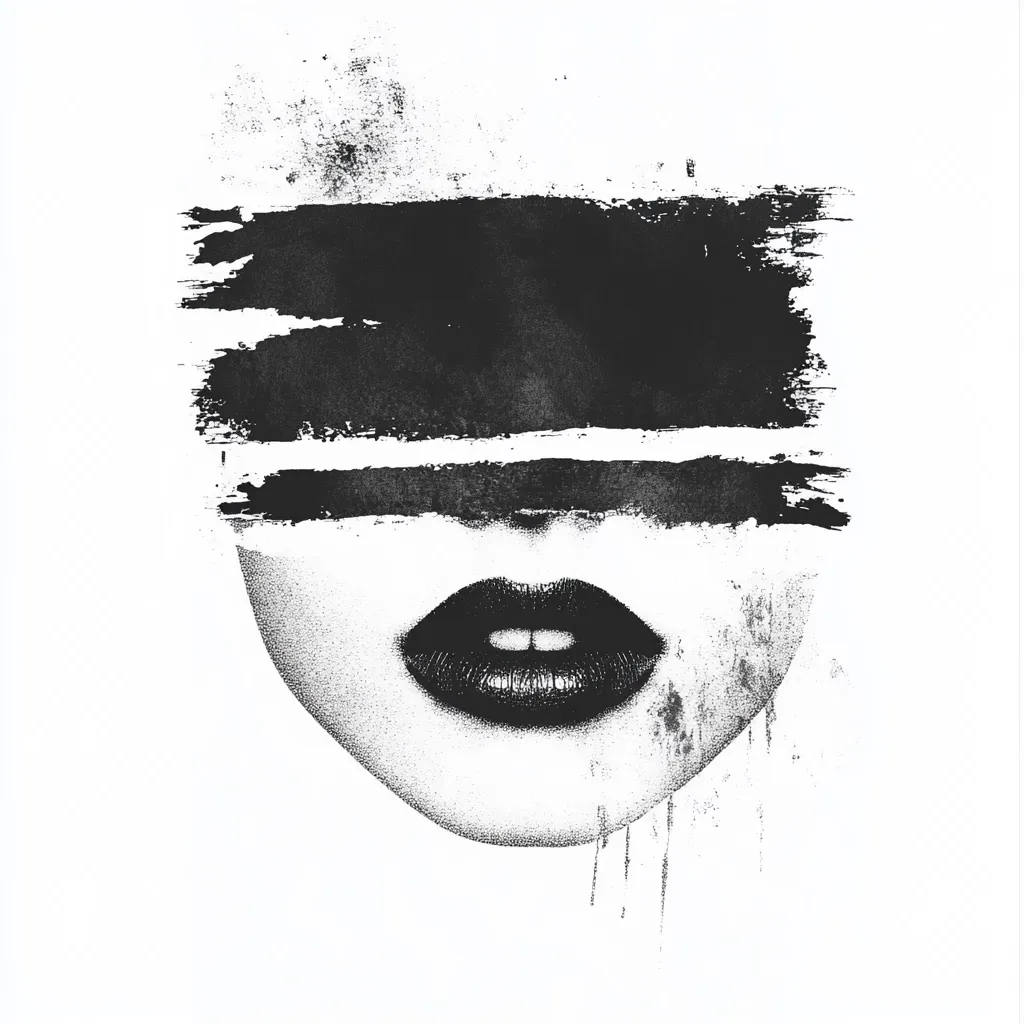 A stylized monochrome portrait of a woman's face.  Bold black brushstrokes obscure her eyes, creating a sense of mystery.  Her full lips are prominently featured, adding a touch of drama. The stippled texture of the face contrasts with the rough paint strokes, producing a visually striking effect. The overall aesthetic is edgy and modern.