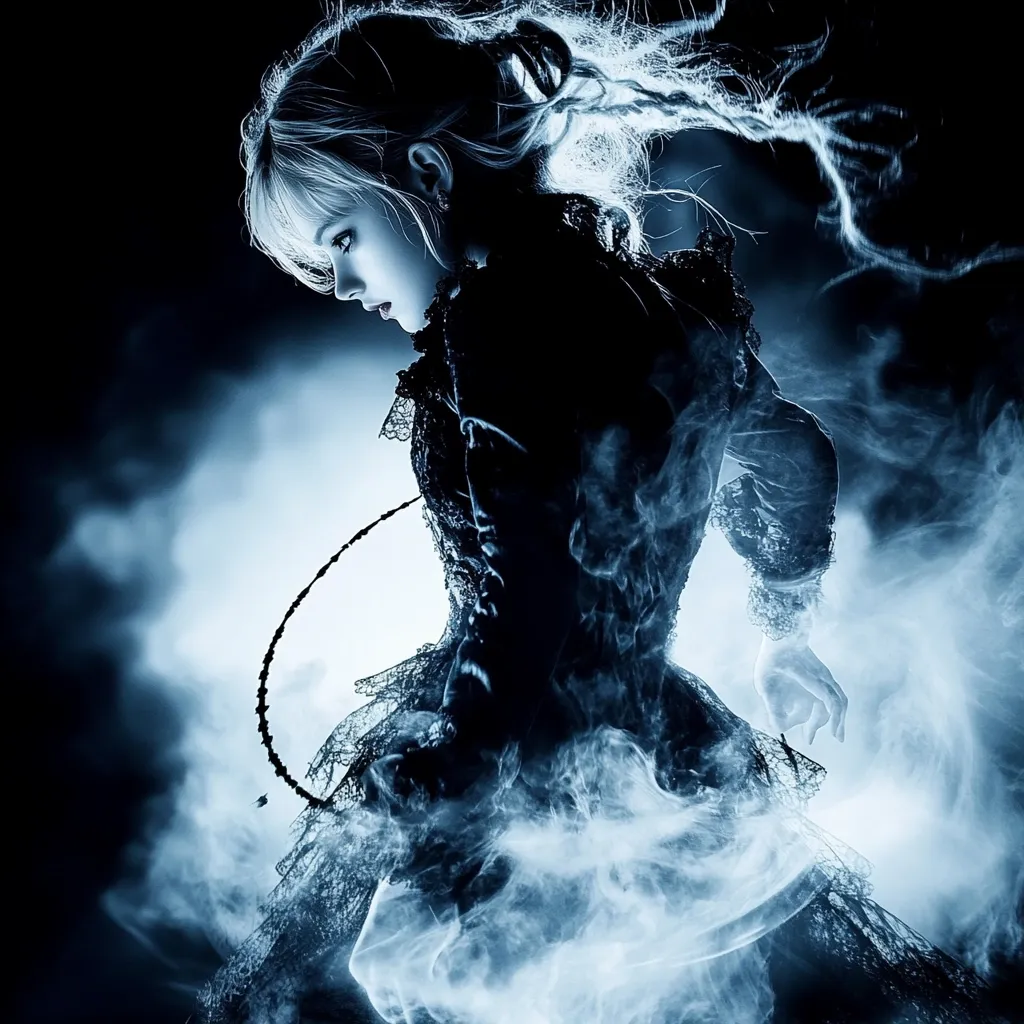 A ghostly figure, seemingly a young woman, is captured in a monochrome image.  She wears a dark, lacy Victorian-style gown, her pale face and windswept hair adding to the ethereal effect.  Surrounded by swirling mist or smoke, she appears melancholic, her posture suggesting movement or a fleeting presence. The overall atmosphere is mysterious and haunting.