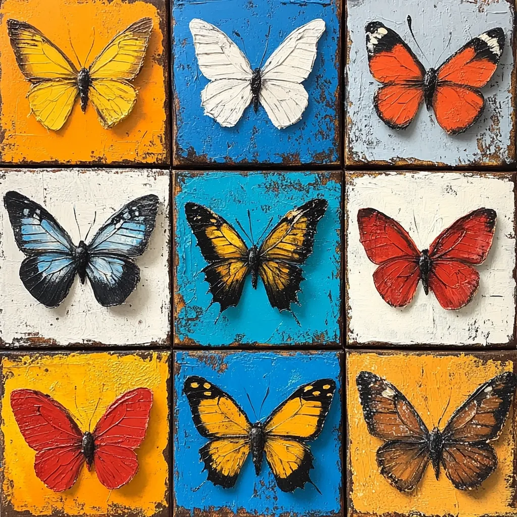 A nine-panel artwork showcases a diverse collection of butterflies, each rendered with textured paint on individual square canvases.  The butterflies exhibit a variety of colors and patterns, from vibrant yellows and oranges to deep reds and blues. The background colors of the panels alternate between orange, white, and blue, creating a visually striking contrast against the detailed butterfly paintings. The style suggests impasto, adding depth and dimension to the insects.