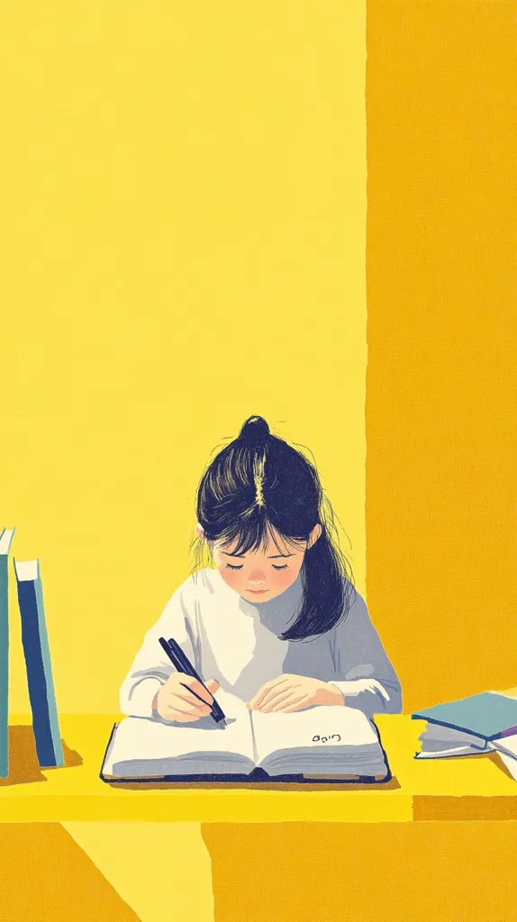 A young girl with dark hair tied in a ponytail sits at a bright yellow desk, diligently writing in a notebook.  She's wearing a light-colored sweater. Books are stacked beside her, adding to the studious atmosphere. The overall color palette is sunny and cheerful, creating a warm and inviting scene. The illustration style is simple yet expressive, emphasizing the girl's concentration.