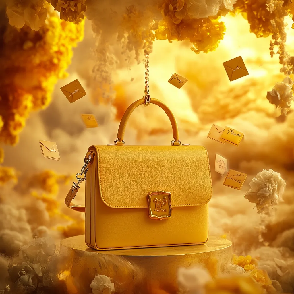 A vibrant yellow handbag, adorned with a gold clasp and chain strap, sits on a golden platform.  Surrounding it, small yellow envelopes drift amidst a dreamy, golden cloud-like background, creating a whimsical, luxurious atmosphere.  The scene is bathed in warm, golden light, emphasizing the bag's rich color and elegant design.