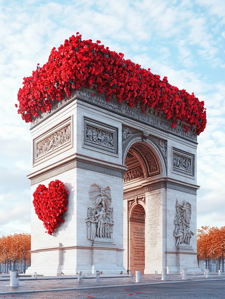 The Arc de Triomphe in Paris is adorned with a breathtaking display of red poppies.  The flowers completely cover the top of the monument and form a large heart shape on one of its pillars.  Autumnal trees line the surrounding streets, creating a picturesque scene. The image is likely a digitally created artwork showcasing a romantic and poignant tribute.