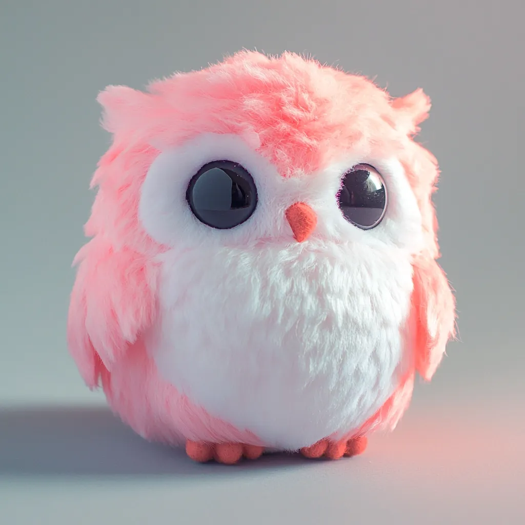 A plush pink owl sits against a light gray background.  Its large, dark eyes and fluffy pink and white fur give it a cute and cuddly appearance.  The owl is small and round, with tiny orange feet. The soft lighting enhances the toy's delicate features.
