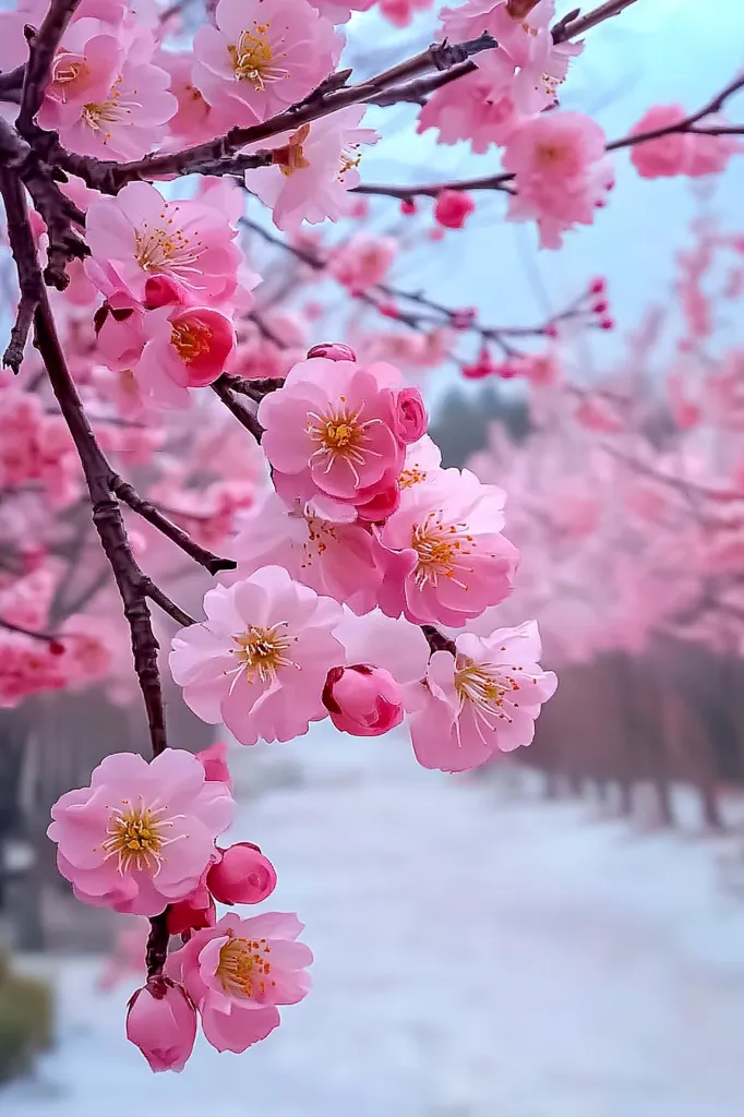Delicate pink plum blossoms grace a branch, their vibrant petals unfurling in the soft light.  The blossoms cluster together, showcasing their intricate details and subtle color variations.  A blurred background of additional flowering trees and a snowy ground creates a serene and peaceful winter scene. The image evokes a sense of springtime's gentle arrival.