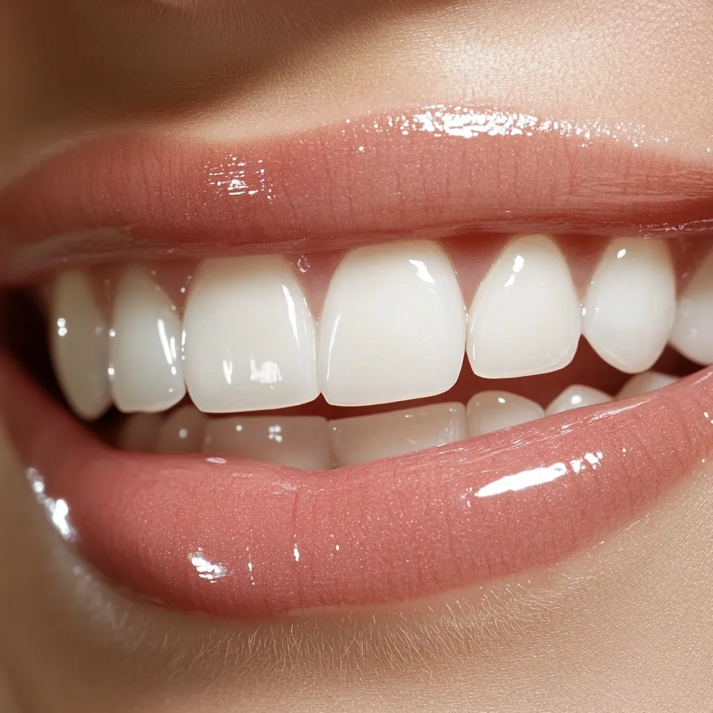 A close-up showcases a radiant smile, featuring perfectly aligned, bright white teeth.  The lips are full and naturally colored with a glossy sheen.  The overall image conveys health, beauty, and confidence.  The teeth are exceptionally clean and even, creating a striking visual impact.