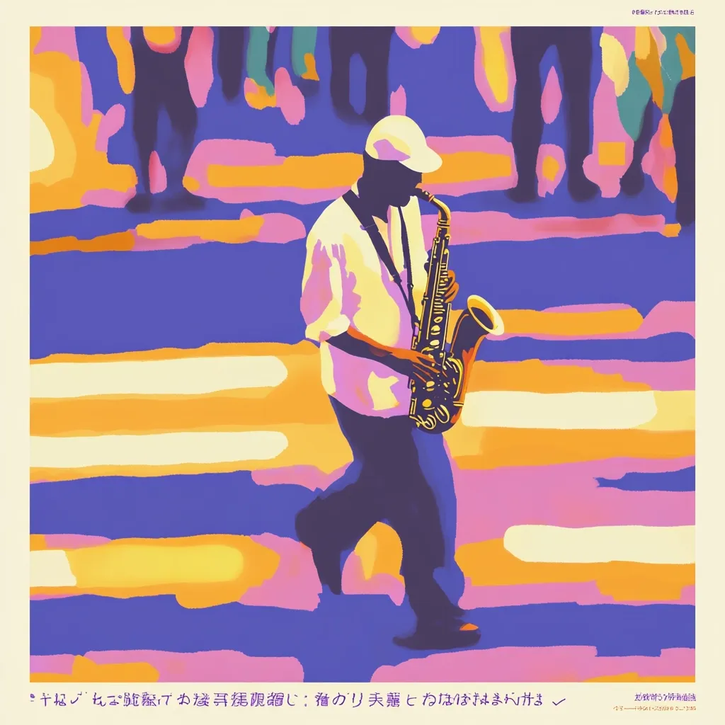 A stylized illustration depicts a saxophone player walking across a crosswalk.  The artwork is bold and colorful, using flat areas of orange, purple, and pink.  The musician, rendered in a simplified form, is the focal point, with the background figures blurred and indistinct.  The overall style is reminiscent of a poster or album art.