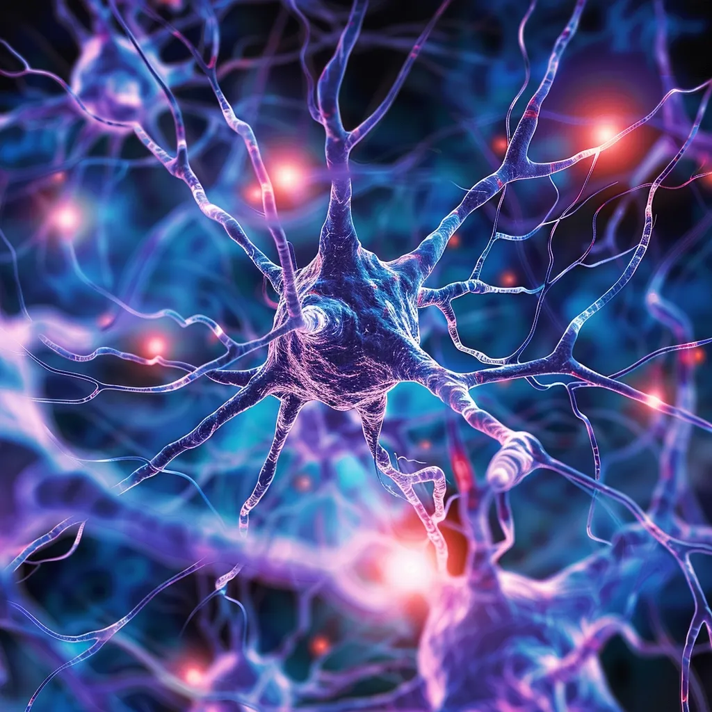 A detailed microscopic view of a neuron, the fundamental unit of the nervous system.  Its soma, or cell body, is central, radiating numerous dendrites and a single axon.  Surrounding neurons are partially visible, suggesting a complex network.  The image uses vibrant blues and purples, with glowing points of light possibly representing synaptic activity.  The overall effect is both beautiful and scientifically informative.