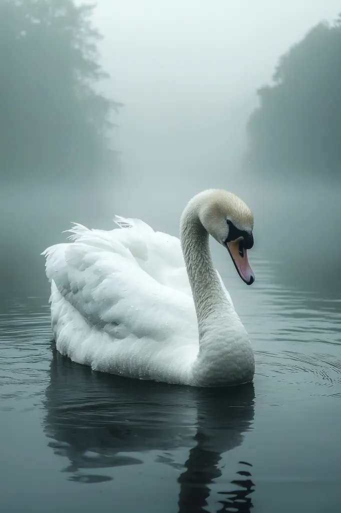 A serene image of a white swan gracefully gliding on a misty lake.  The swan's feathers appear wet, reflecting the muted light.  The background is shrouded in a soft fog, obscuring the surrounding trees and enhancing the swan's prominence. The calm water mirrors the swan's elegant form, creating a tranquil and peaceful atmosphere.