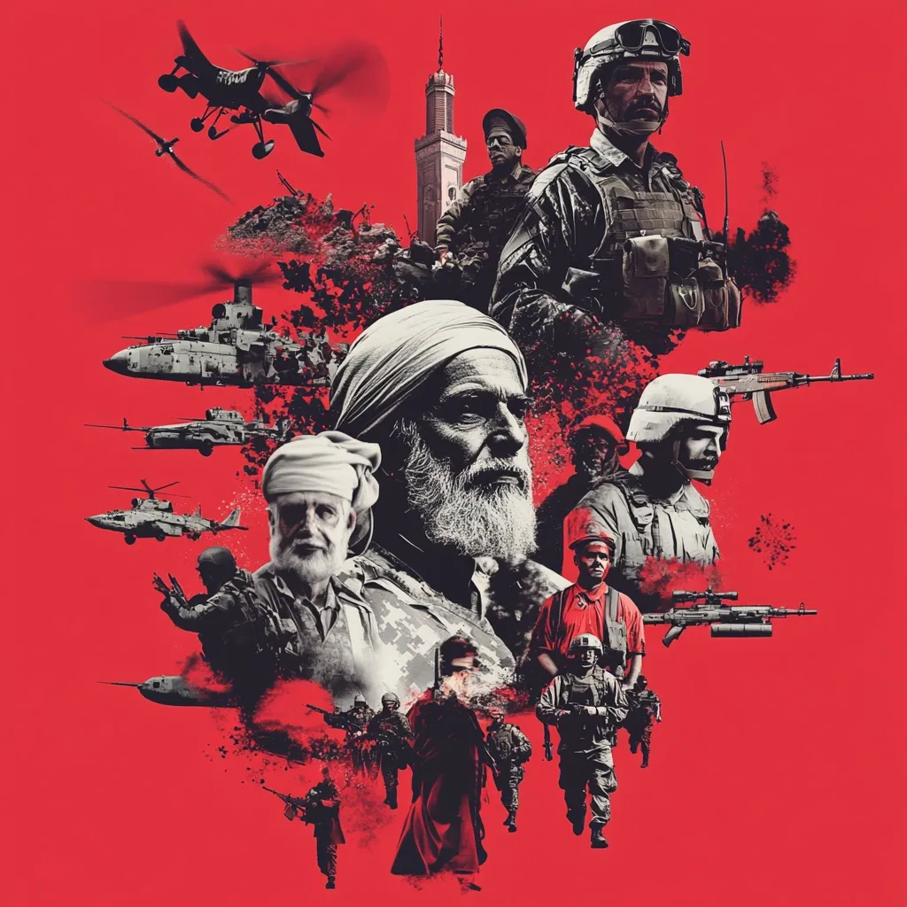 A striking red-toned collage depicts a complex scene of Middle Eastern conflict.  Military figures in various uniforms and headgear are juxtaposed with civilians, including a prominent older man with a beard and a headscarf.  Military aircraft and weapons are scattered throughout, suggesting ongoing warfare. A mosque is visible in the background, adding a layer of cultural context to the intense imagery.  The overall effect is one of chaos and tension.
