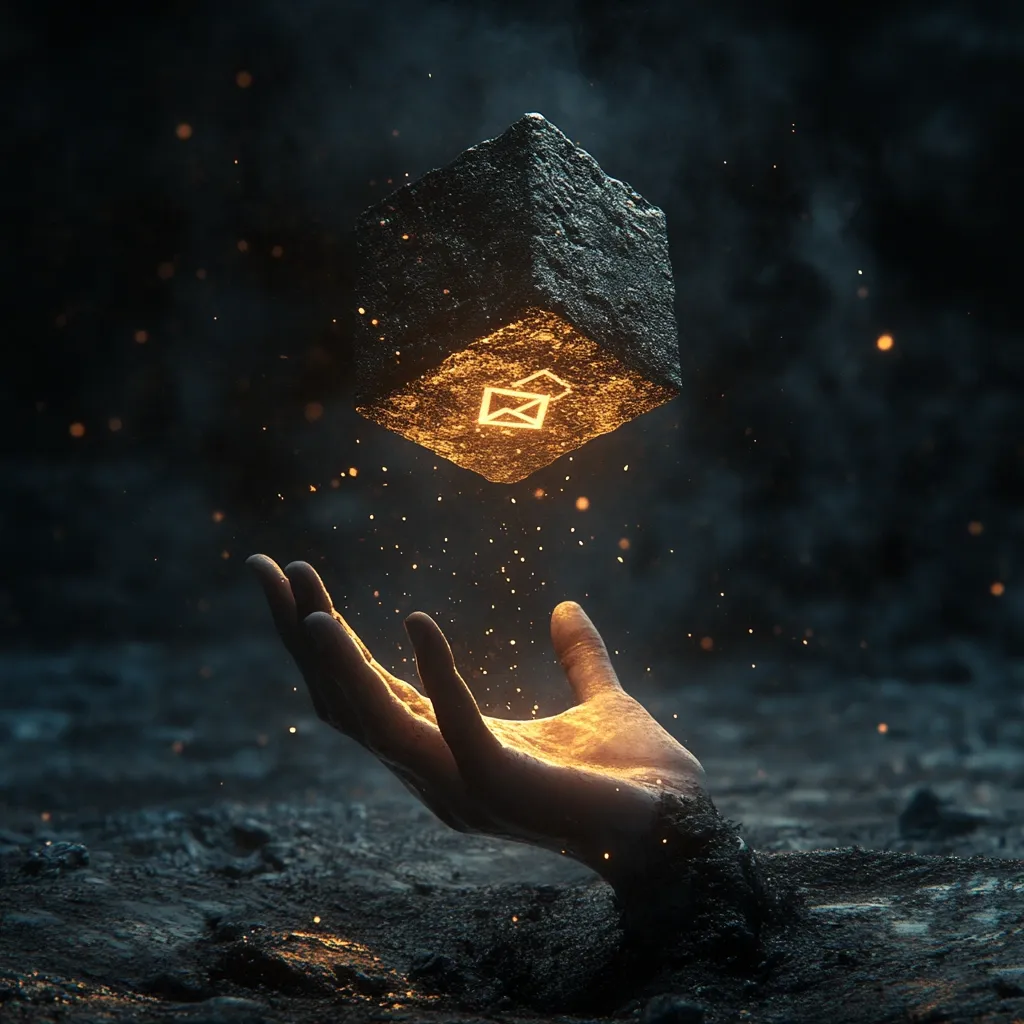 A hand emerges from dark, earthy ground, reaching for a glowing, stone cube.  The cube radiates a warm light, displaying an email symbol at its center.  Sparks and embers drift between the hand and the cube, creating a mystical and ethereal atmosphere. The image evokes a sense of mystery and the potential arrival of a message from beyond.