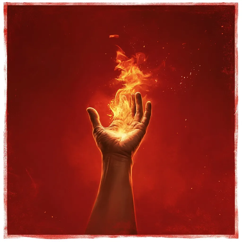 A dramatic image depicts a hand outstretched against a fiery red backdrop.  A vibrant flame, seemingly emanating from the palm, rises upward, creating a surreal and powerful visual. The intense color palette and the dynamic movement of the fire suggest themes of power, passion, or perhaps even destruction. The overall style is evocative and artistic, possibly suitable for fantasy or mythological contexts.