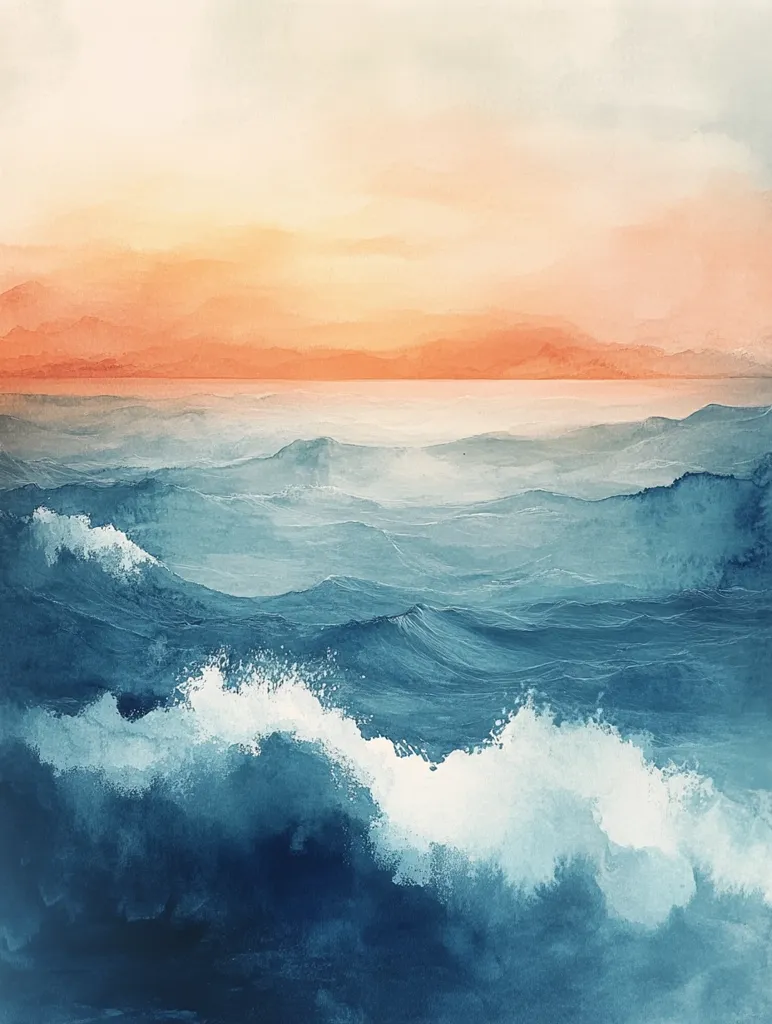 A watercolor painting depicts a serene seascape at sunset.  The sky transitions from a soft peach to a pale orange, casting a warm glow on the ocean.  Dark teal waves roll across the water, with white-capped crests breaking near the foreground.  Distant, hazy mountains are barely visible on the horizon, adding depth to the peaceful scene.  The overall style is calming and impressionistic.