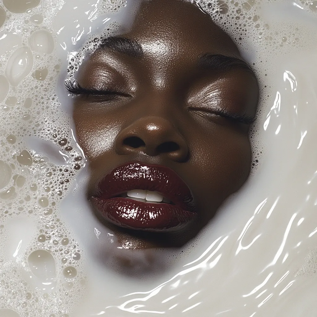 Close-up of a Black woman's face submerged in milky bathwater.  Her eyes are closed, and she wears dark, glossy lipstick.  The image is softly lit, emphasizing the texture of her skin and the creamy foam surrounding her. The overall mood is serene and luxurious.