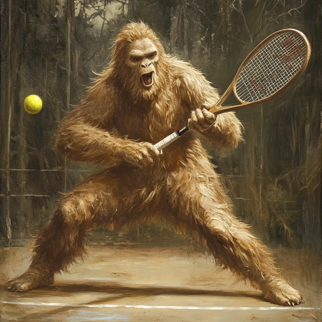 A Bigfoot, depicted in a realistic painting style, powerfully swings a tennis racquet on a court.  Its fur is a rich, light brown, and its expression is one of intense focus and exertion. A yellow tennis ball hangs in mid-air, suggesting the moment of impact. The background is a dark, blurred forest, adding a mystical element to the scene.  The overall impression is one of unexpected athleticism and humor.