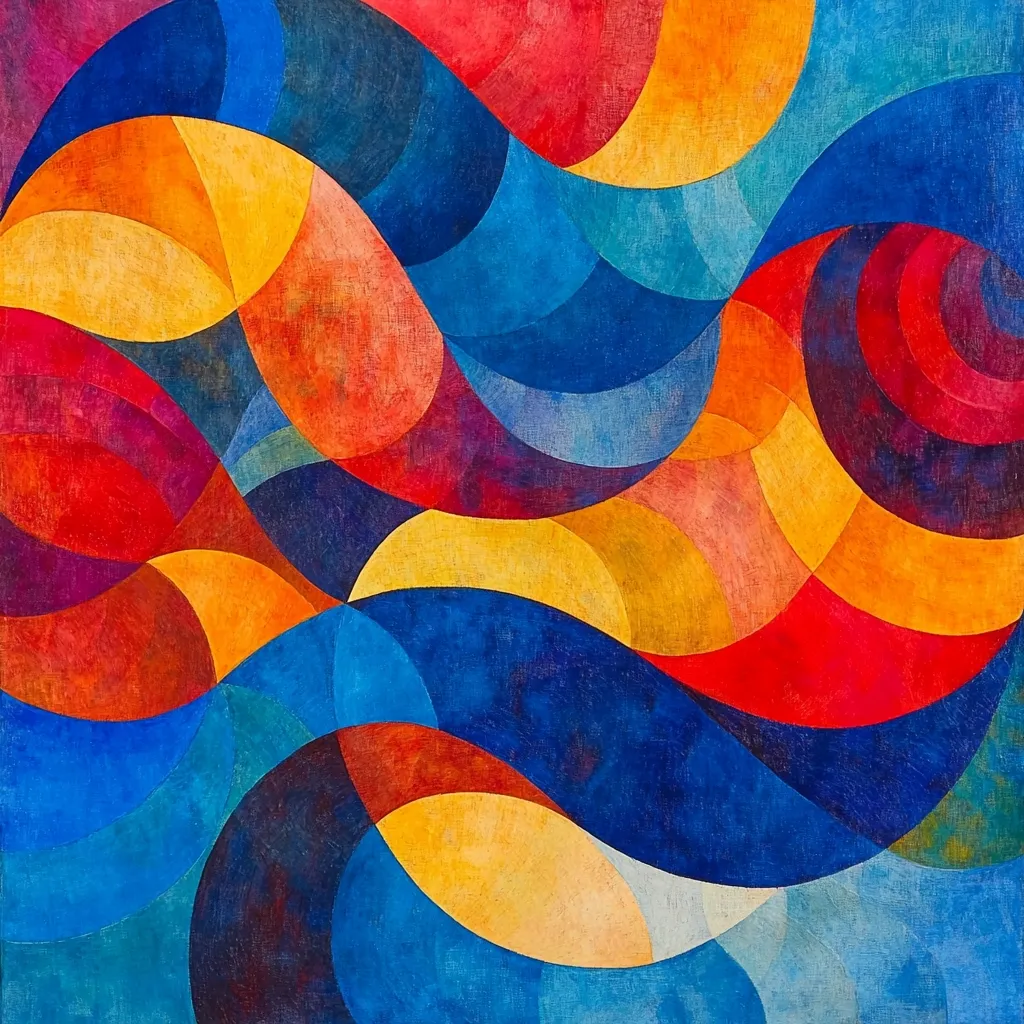 An abstract painting features a vibrant interplay of curved shapes in bold hues of red, orange, yellow, and blue.  The composition resembles flowing waves or swirling patterns, with overlapping segments creating depth and visual interest.  The textured surface suggests a painted canvas, enhancing the richness of the colors.  The overall effect is dynamic and energetic.