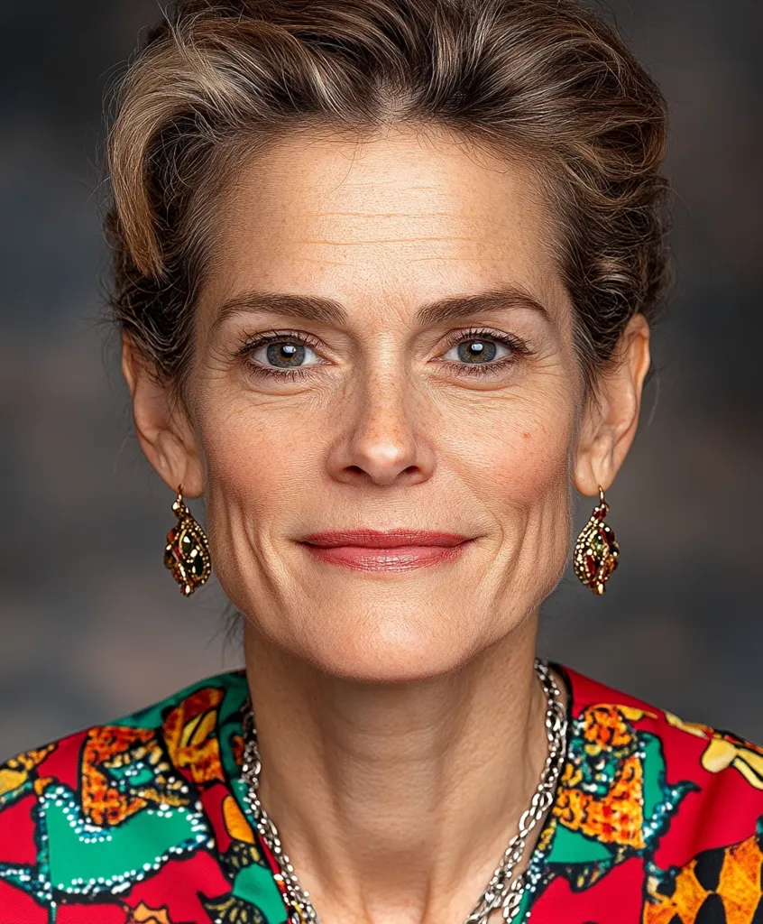 Close-up portrait of a middle-aged woman with short, styled brown hair.  She has a warm, subtle smile and wears dangling earrings and a colorful, patterned blouse with a necklace.  Her expression is calm and approachable, showcasing natural beauty and subtle lines indicative of age. The background is blurred, focusing attention on the subject.