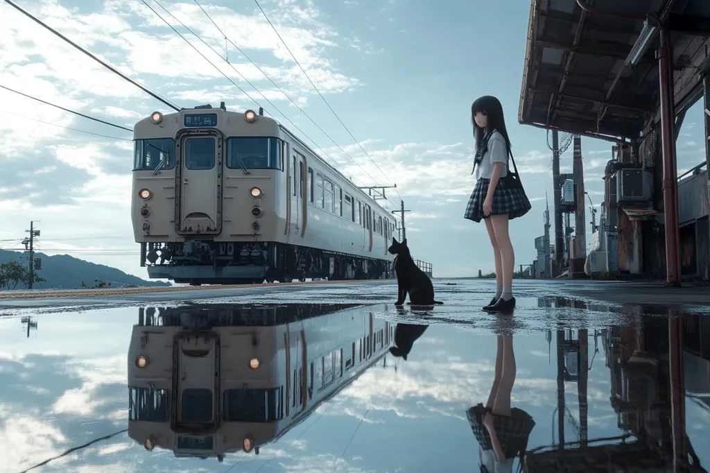 A lone girl in a school uniform stands beside a black cat near a train station.  A long, beige train is visible, its reflection mirrored in a puddle on the wet platform. The setting appears somewhat desolate, with a rusty, abandoned building in the background.  The sky is cloudy, and a tranquil, melancholic mood pervades the scene.